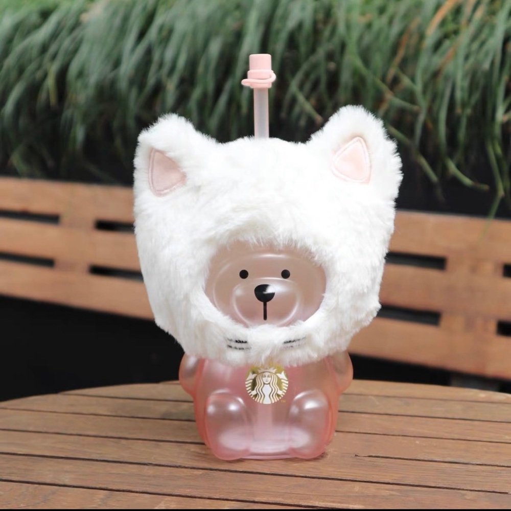 Starbucks Sakura Fuzzy Cat/ Bear Hat Cold Bottle